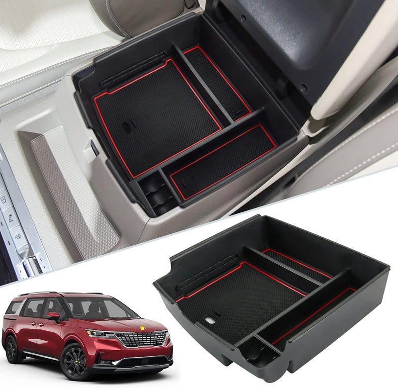 SKTU Compatible with 2022-2025 2026 Kia Carnival Center Console Organizer 2024 2025 2026 Carnival Accessories Insert ABS Materials Tray 2022-2026 Carnival Console Tray with Coin and USB Hole (Red) - Image 1